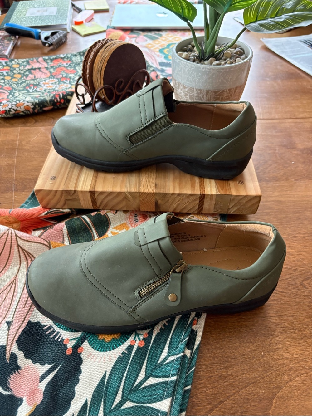 Women's Green Slip-On Shoes with Zipper Detail